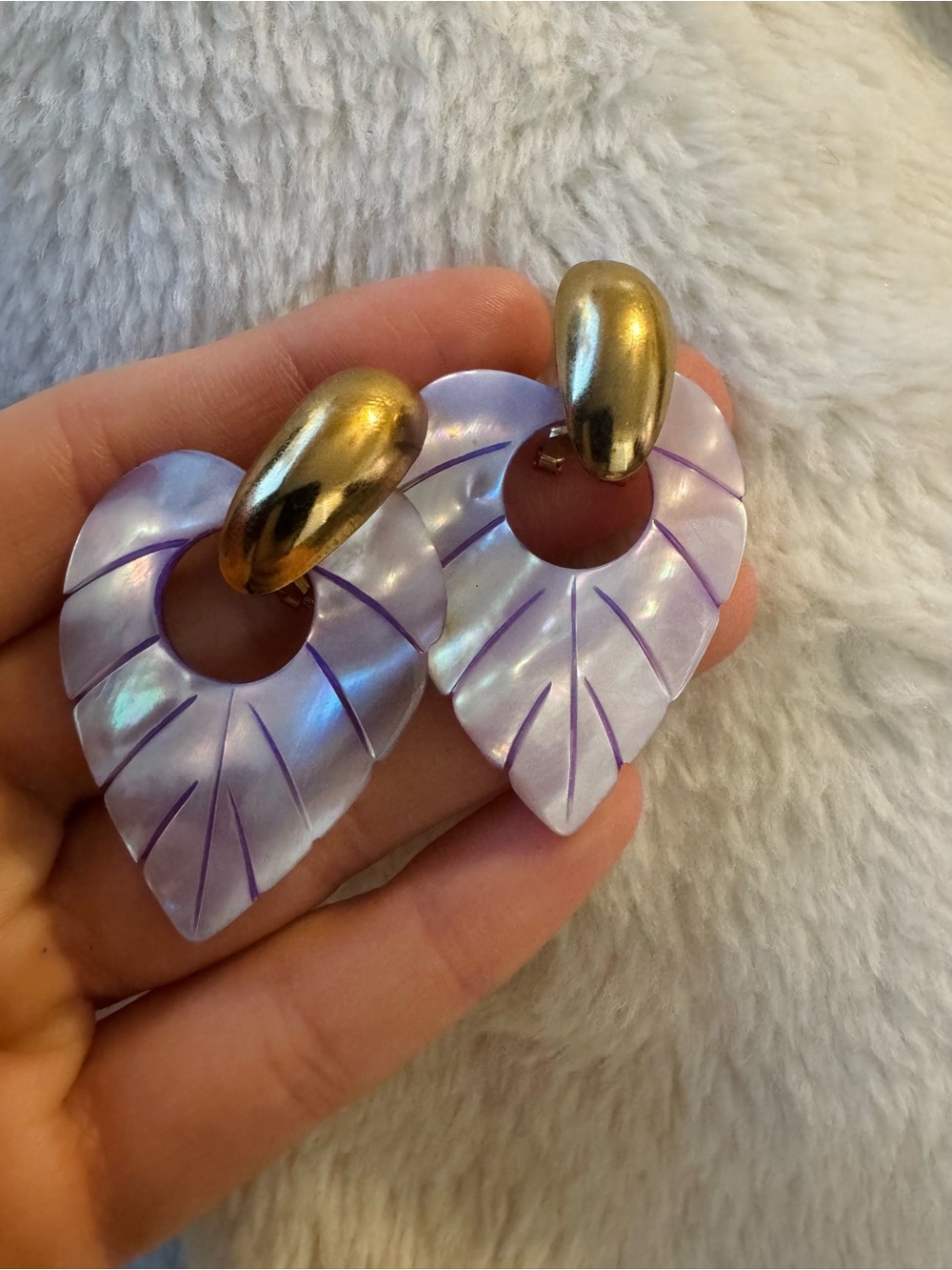 Mother of pearl Lavender Leaf Drop Earrings with Gold Accents
